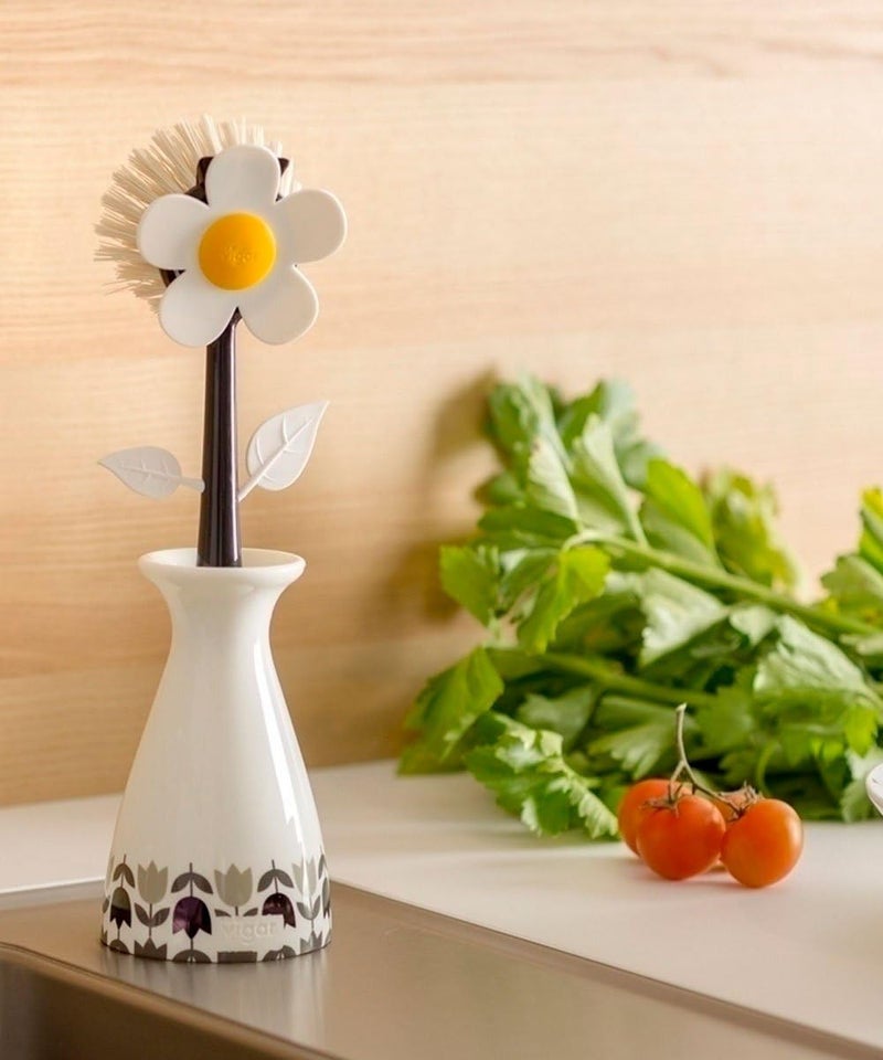 Vigar Flower Power Dish Brush with Vase Brush Holder, Dish Brush with Handle for Pot Scrubber, Dishes, Sink, and Kitchen Essentials, White, Black - Image 1